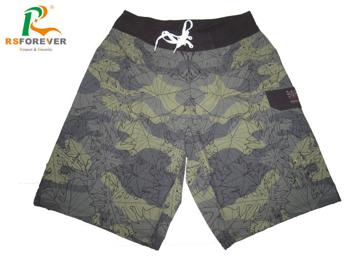 Grey / Green Water Repellent Boardshorts , Leaf Pattern Board Shorts With Side Pockets
